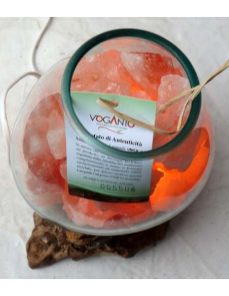 Lampada di sale irripetibile creata in vetro soffiato su legno naturale salgemma Himalaya cm 20x18x26h n 5506 Unica