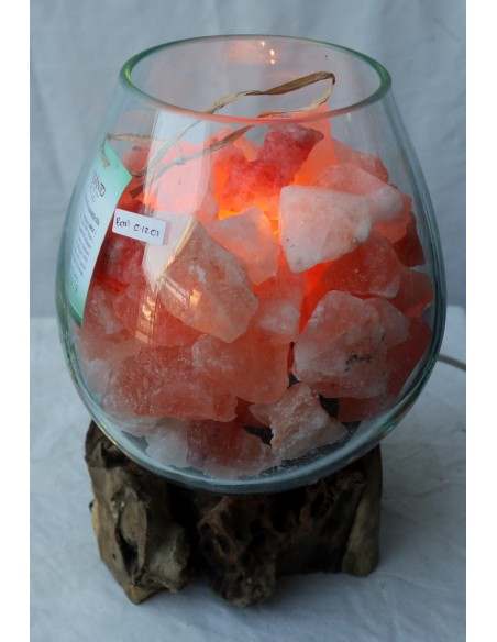 Lampada di sale irripetibile creata in vetro soffiato su legno lasciato naturale salgemma Himalaya cm 22x20x31 n12919