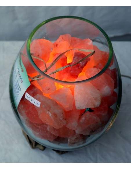 Lampada di sale irripetibile creata in vetro soffiato su legno lasciato naturale salgemma Himalaya cm 22x20x31 n12919