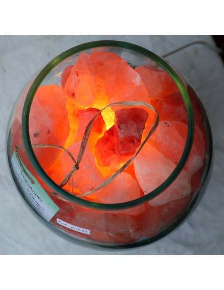 Lampada di sale irripetibile creata in vetro soffiato su legno lasciato naturale salgemma Himalaya cm 22x20x31 n12919