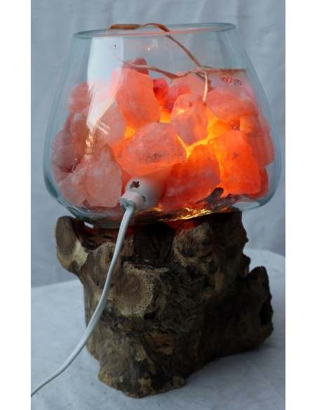 Lampada di sale irripetibile creata in vetro soffiato su legno lasciato naturale salgemma Himalaya cm 22x20x31 n12919