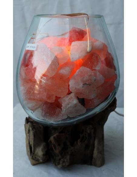 Lampada di sale irripetibile creata in vetro soffiato su legno lasciato naturale salgemma Himalaya cm 22x20x31 n12919