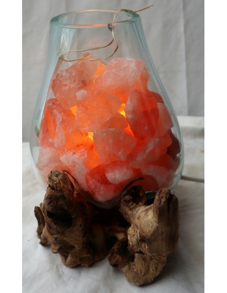 Lampada di sale irripetibile creata in vetro soffiato su legno lasciato naturale salgemma Himalaya cm 21x21x27h n 5544