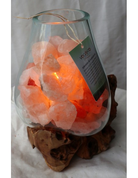 Lampada di sale irripetibile creata in vetro soffiato su legno lasciato naturale salgemma Himalaya cm 21x21x27h n 5544