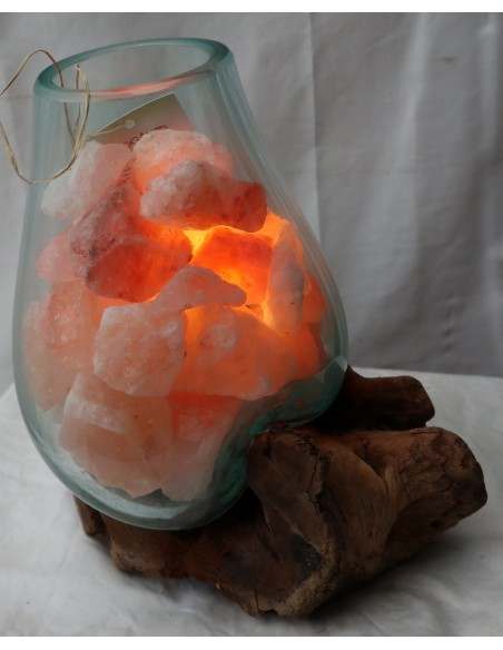 Lampada di sale irripetibile creata in vetro soffiato su legno lasciato naturale salgemma Himalaya cm 23x17x29h n 5753