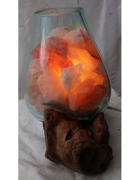 Lampada di sale irripetibile creata in vetro soffiato su legno lasciato naturale salgemma Himalaya cm 23x17x29h n 5753