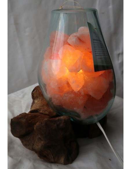 Lampada di sale irripetibile creata in vetro soffiato su legno lasciato naturale salgemma Himalaya cm 23x17x29h n 5753