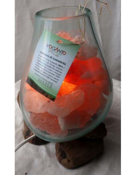 Lampada di sale irripetibile creata in vetro soffiato su legno lasciato naturale salgemma Himalaya cm 23x17x29h n 5753
