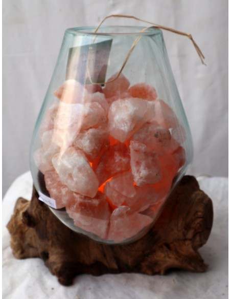 Lampada di sale irripetibile creata in vetro soffiato su legno naturale salgemma Himalaya cm 30x24x30h n 12898 Unica