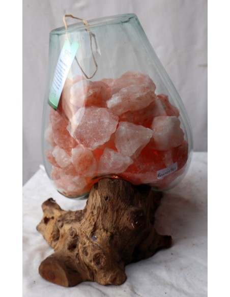 Lampada di sale irripetibile creata in vetro soffiato su legno naturale salgemma Himalaya cm 30x24x30h n 12898 Unica