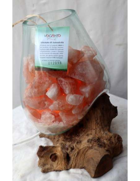 Lampada di sale irripetibile creata in vetro soffiato su legno naturale salgemma Himalaya cm 30x24x30h n 12898 Unica