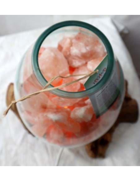 Lampada di sale irripetibile creata in vetro soffiato su legno naturale salgemma Himalaya cm 30x24x30h n 12898 Unica