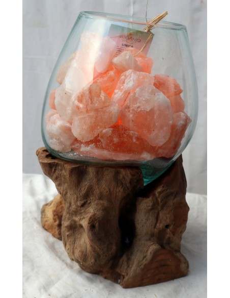 Lampada di sale irripetibile creata in vetro soffiato su legno naturale salgemma Himalaya cm 20x25x32h n 12916 Unica