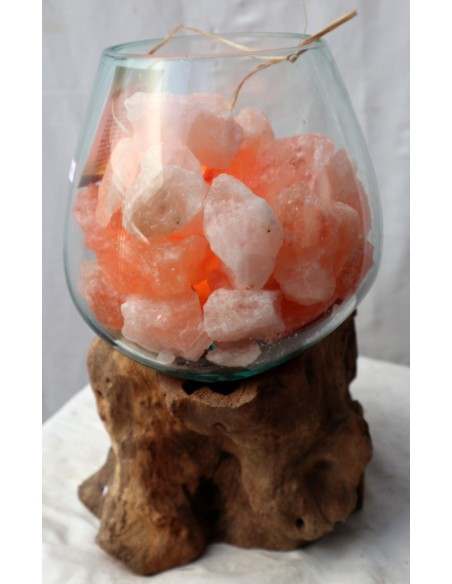 Lampada di sale irripetibile creata in vetro soffiato su legno naturale salgemma Himalaya cm 20x25x32h n 12916 Unica