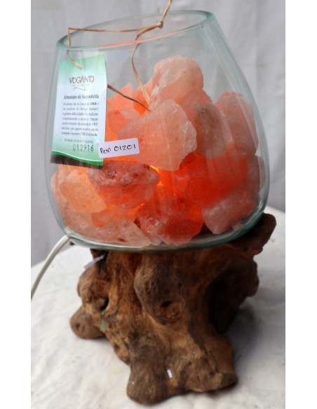 Lampada di sale irripetibile creata in vetro soffiato su legno naturale salgemma Himalaya cm 20x25x32h n 12916 Unica