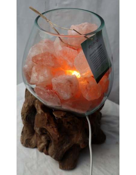 Lampada di sale irripetibile creata in vetro soffiato su legno naturale salgemma Himalaya cm 20x25x32h n 12916 Unica