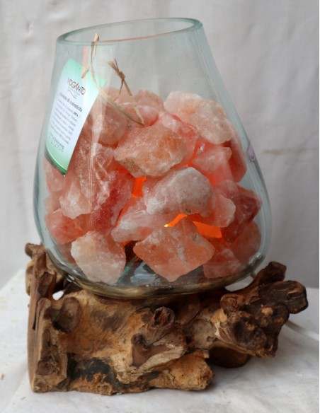 Lampada di sale irripetibile creata in vetro soffiato su legno naturale salgemma Himalaya cm 25x23x28h n 12908 Unica