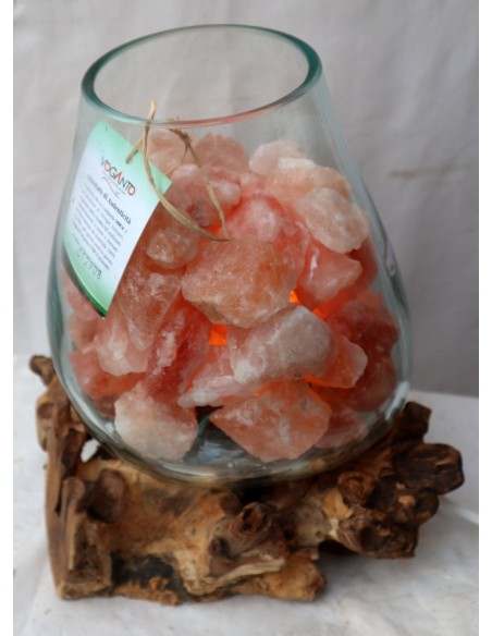 Lampada di sale irripetibile creata in vetro soffiato su legno naturale salgemma Himalaya cm 25x23x28h n 12908 Unica