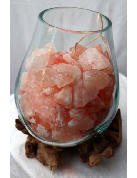 Lampada di sale irripetibile creata in vetro soffiato su legno naturale salgemma Himalaya cm 25x23x28h n 12908 Unica