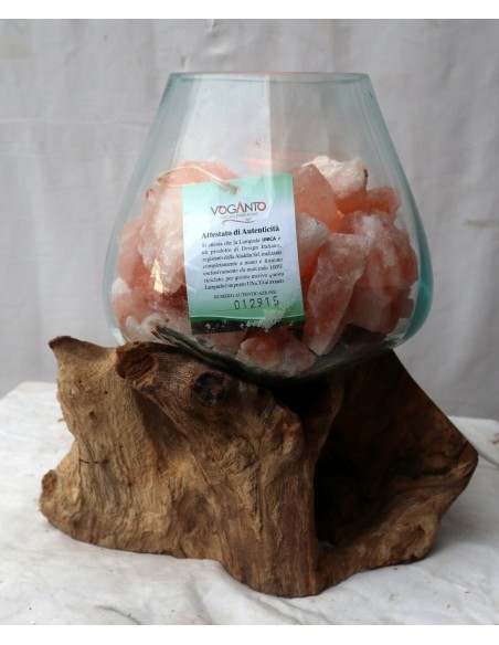 Lampada di sale irripetibile creata in vetro soffiato su legno naturale salgemma Himalaya cm 30x22x30h n 12915 Unica