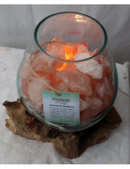 Lampada di sale irripetibile creata in vetro soffiato su legno naturale salgemma Himalaya cm 30x22x30h n 12915 Unica
