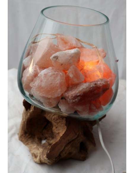 Lampada di sale irripetibile creata in vetro soffiato su legno naturale salgemma Himalaya cm 30x22x30h n 12915 Unica