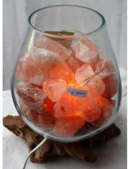 Lampada di sale irripetibile creata in vetro soffiato su legno naturale salgemma Himalaya cm 30x22x30h n 12915 Unica