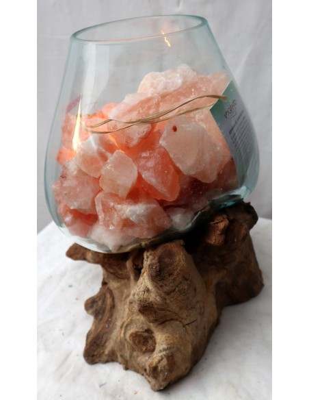 Lampada di sale irripetibile creata in vetro soffiato su legno naturale salgemma Himalaya cm 30x22x30h n 12915 Unica
