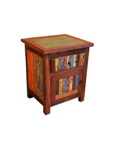 COMODINO INDUSTRIAL LEGNO RICICLATO COLORATO SPORTELLI E...