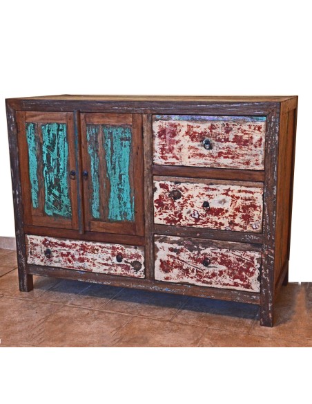 COMO' INDUSTRIAL CON LEGNO RICICLATO COLORATO VERDE/ROSSO CM H90X120X50 CON CASSETTI ED ANTE