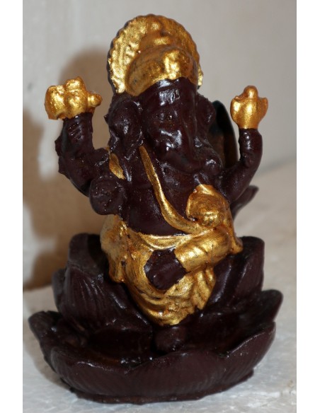 Fontana di fumo Ganesh divinità in resina marone ed oro realizzato a mano cm 10x13x10h