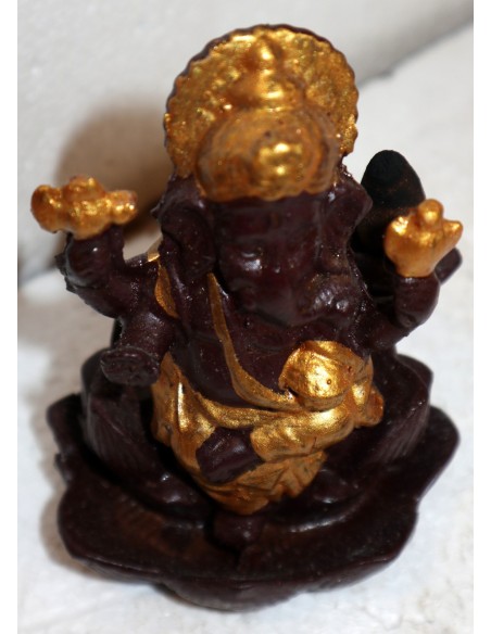 Fontana di fumo Ganesh divinità in resina marone ed oro realizzato a mano cm 10x13x10h