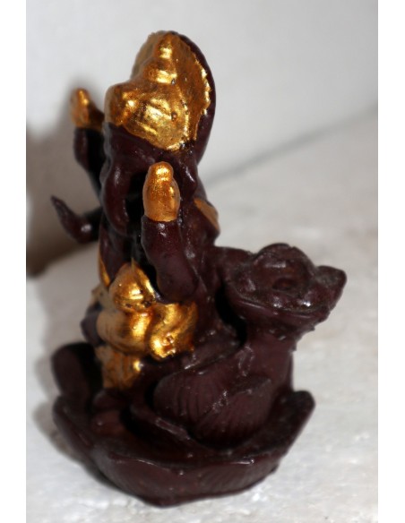 Fontana di fumo Ganesh divinità in resina marone ed oro realizzato a mano cm 10x13x10h