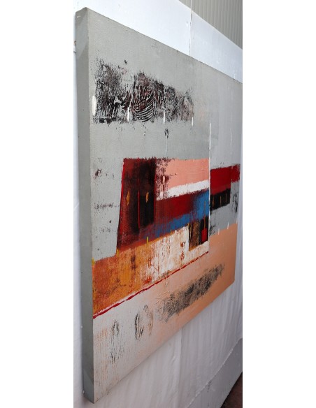 Quadro astratto cm 100x100 sfondo grigio arancio blu testata letto pop art moderno arredo dipinto