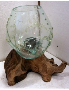 Vaso Indonesiano radice di legno e vetro soffiato...