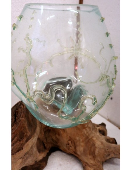 Vaso Indonesiano radice di legno e vetro soffiato 35x25x3h porta fiori acquario decorato