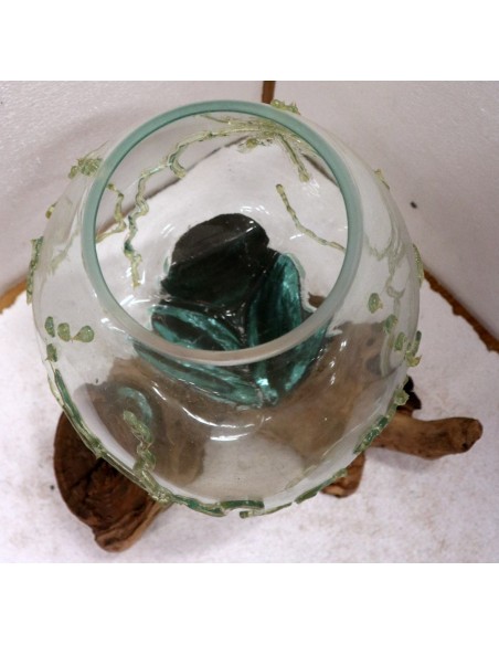 Vaso Indonesiano radice di legno e vetro soffiato 35x25x3h porta fiori acquario decorato