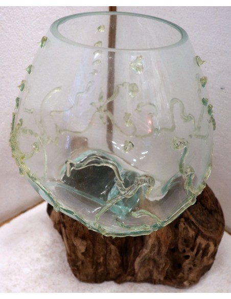 Vaso Indonesiano radice di legno e vetro soffiato 35x25x3h porta fiori acquario decorato