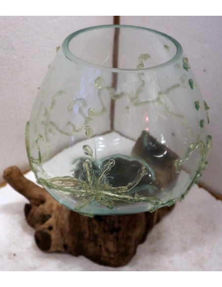 Vaso Indonesiano radice di legno e vetro soffiato 35x25x3h porta fiori acquario decorato