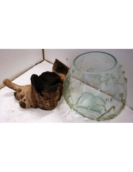 Vaso Indonesiano radice di legno e vetro soffiato 35x25x3h porta fiori acquario decorato