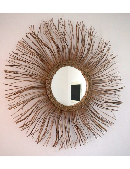 Specchio in rattan naturale a forma di un sole da cm 92 specchio cm 28
