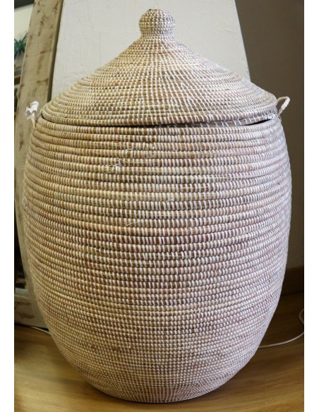 Cesto da Biancheria in Paglia Senegalese con Coperchio - Fatto a Mano cm 90x44