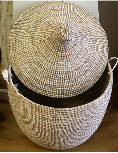 Cesto da Biancheria in Paglia Senegalese con Coperchio - Fatto a Mano cm 90x44