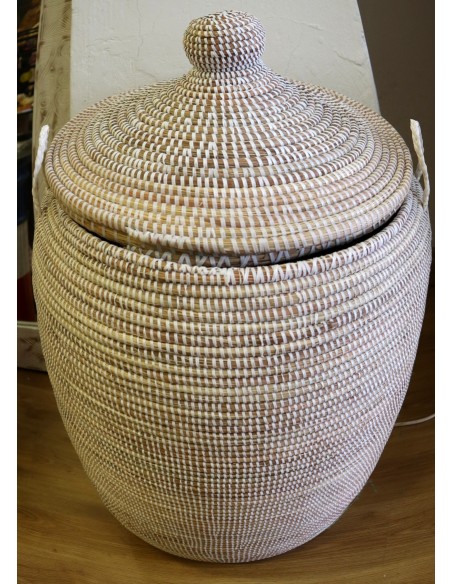 Cesto da Biancheria in Paglia Senegalese con Coperchio - Fatto a Mano cm 90x38