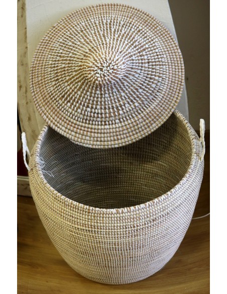 Cesto da Biancheria in Paglia Senegalese con Coperchio - Fatto a Mano cm 90x38