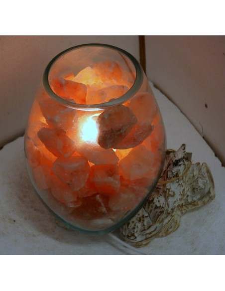Lampada di sale irripetibile creata in vetro soffiato su legno bianco decapato salgemma Himalaya cm 26x20x30 n. 13799