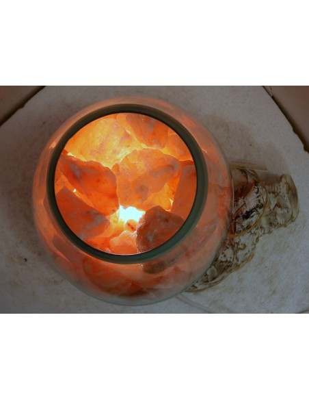 Lampada di sale irripetibile creata in vetro soffiato su legno bianco decapato salgemma Himalaya cm 26x20x30 n. 13799