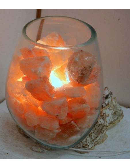 Lampada di sale irripetibile creata in vetro soffiato su legno bianco decapato salgemma Himalaya cm 26x20x30 n. 13799