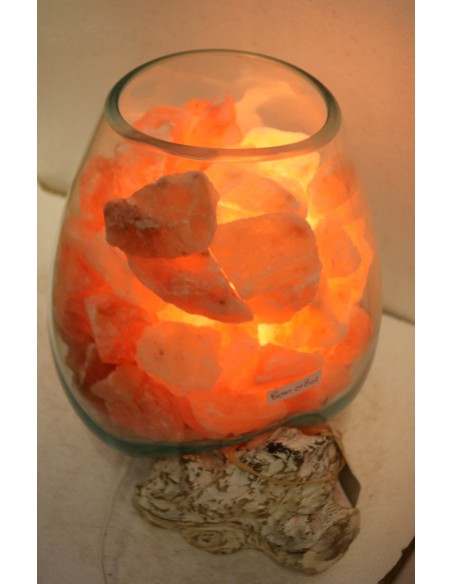 Lampada di sale irripetibile creata in vetro soffiato su legno bianco decapato salgemma Himalaya cm 26x20x30 n. 13799