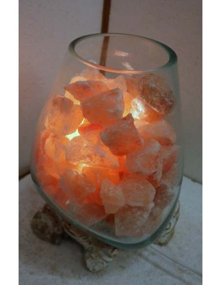 Lampada di sale irripetibile creata in vetro soffiato su legno bianco decapato salgemma Himalaya cm 26x20x30 n. 13799